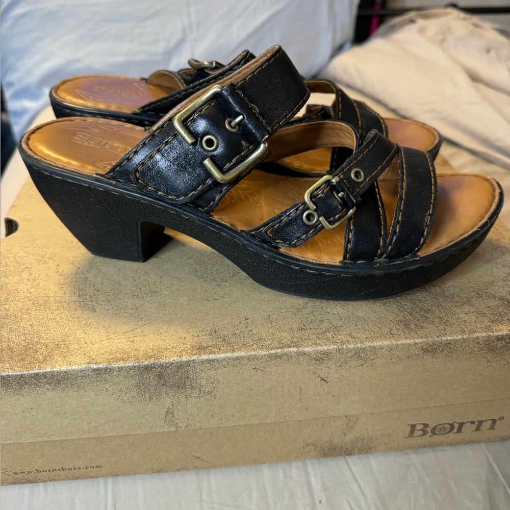 Born black leather wedge sandals size 11 with original box